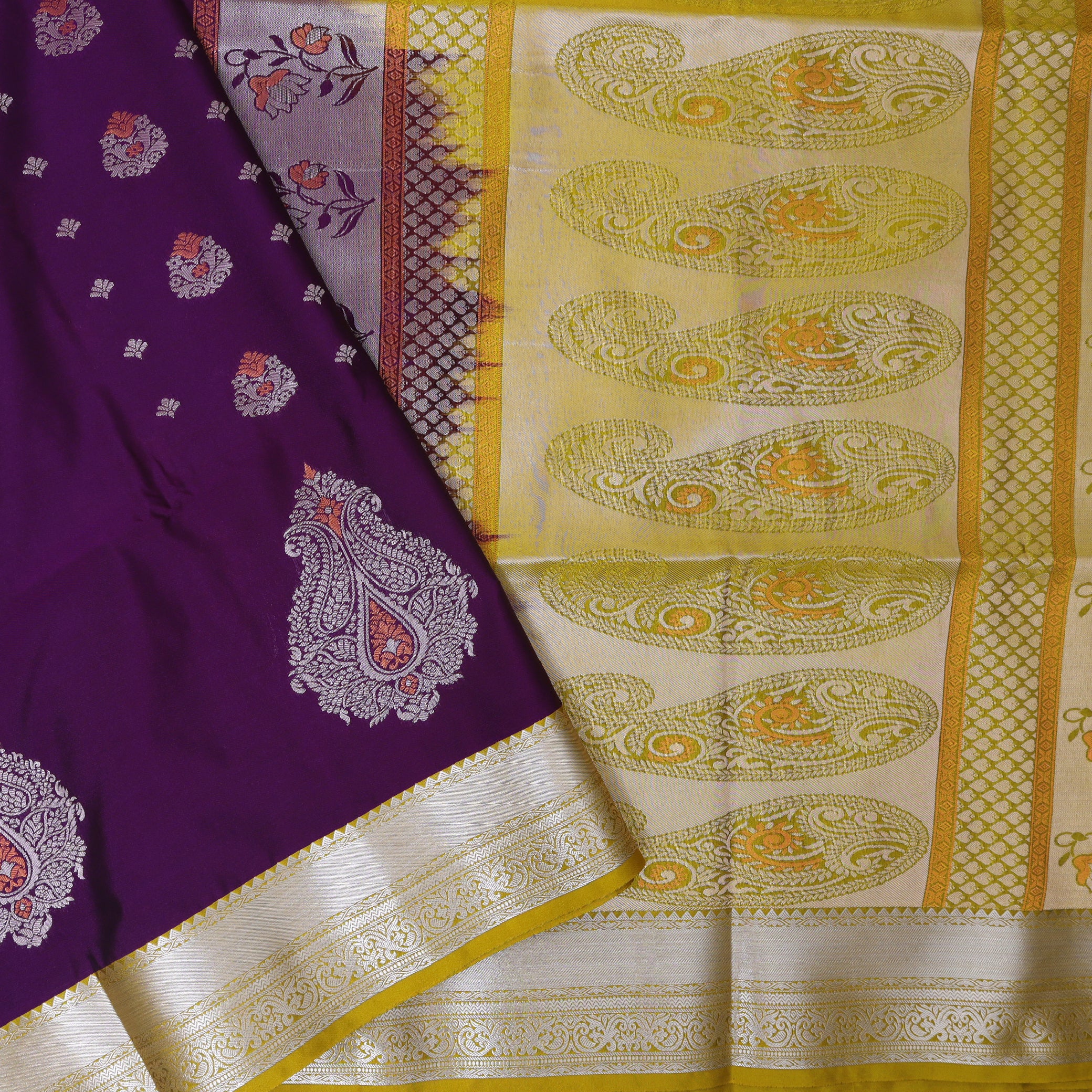 Dark Purple With Greenish Yellow Soft Silk Saree