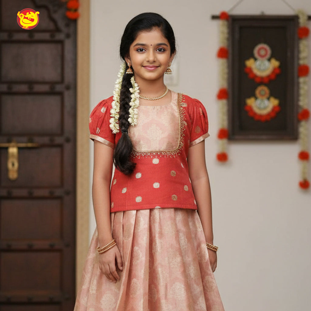 Red with Peach Girls Branded Readymade Pattu Pavadai