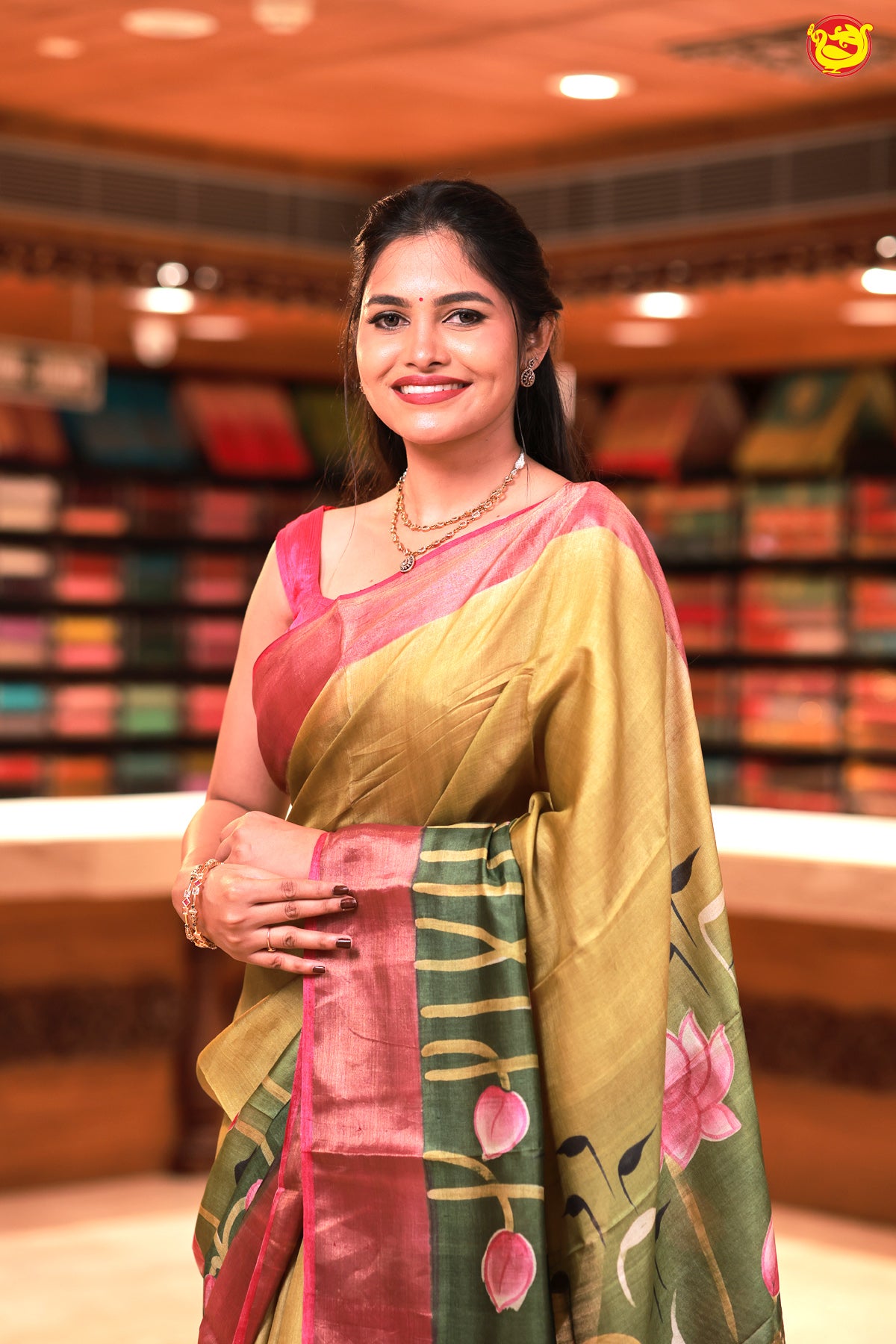 Pure Tussar Silk Saree Elaichi Green and Pastel Pink Shade With Floral Design and Painted Prints and Zari Woven Border