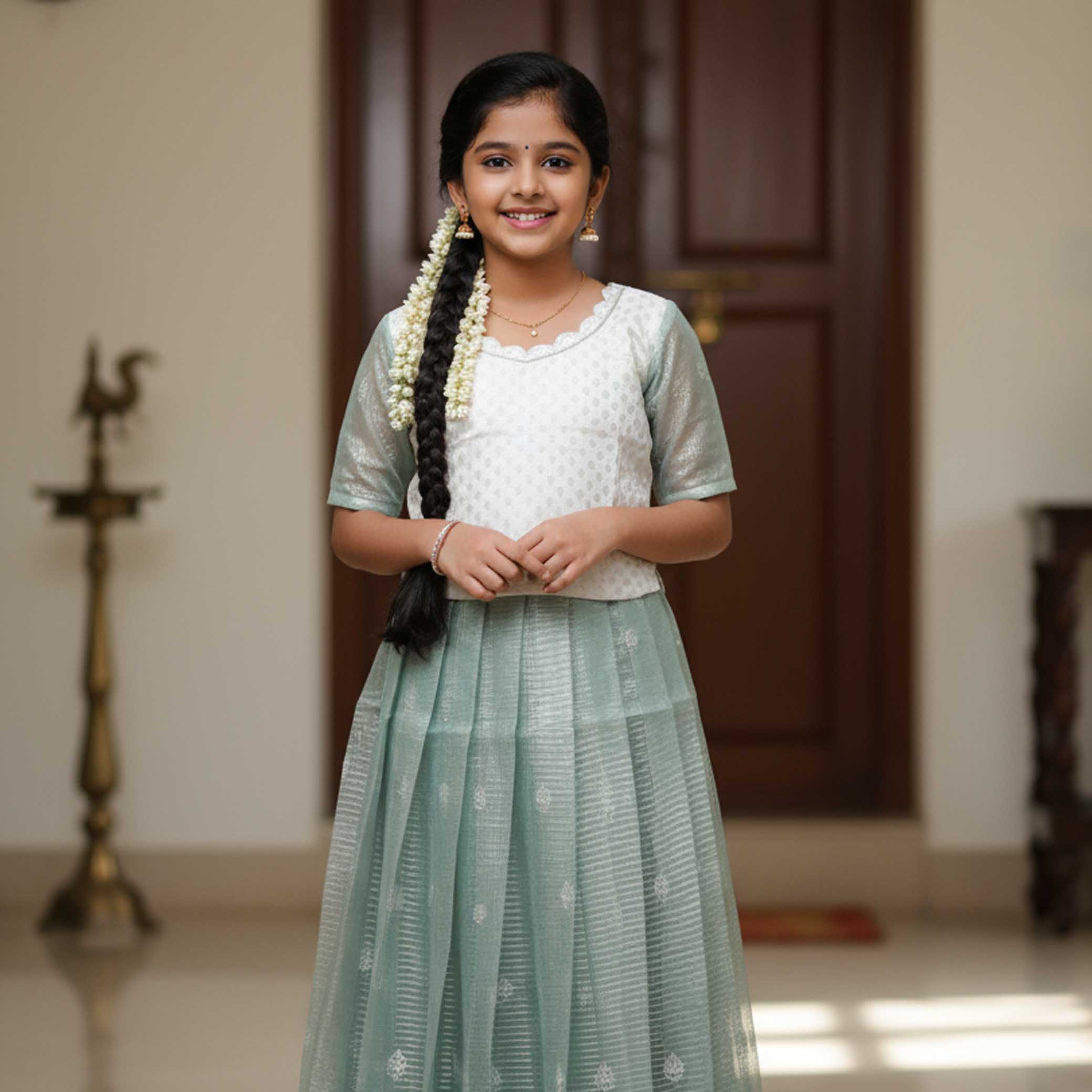 White With  Light Pink  Girls Branded Readymade Pattu Pavadai