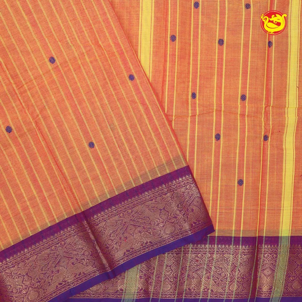 Light Orange with Purple Pure Chettinad Cotton Saree without Blouse