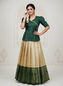 Green With Sandal Girls Branded Readymade Pattu Pavadai