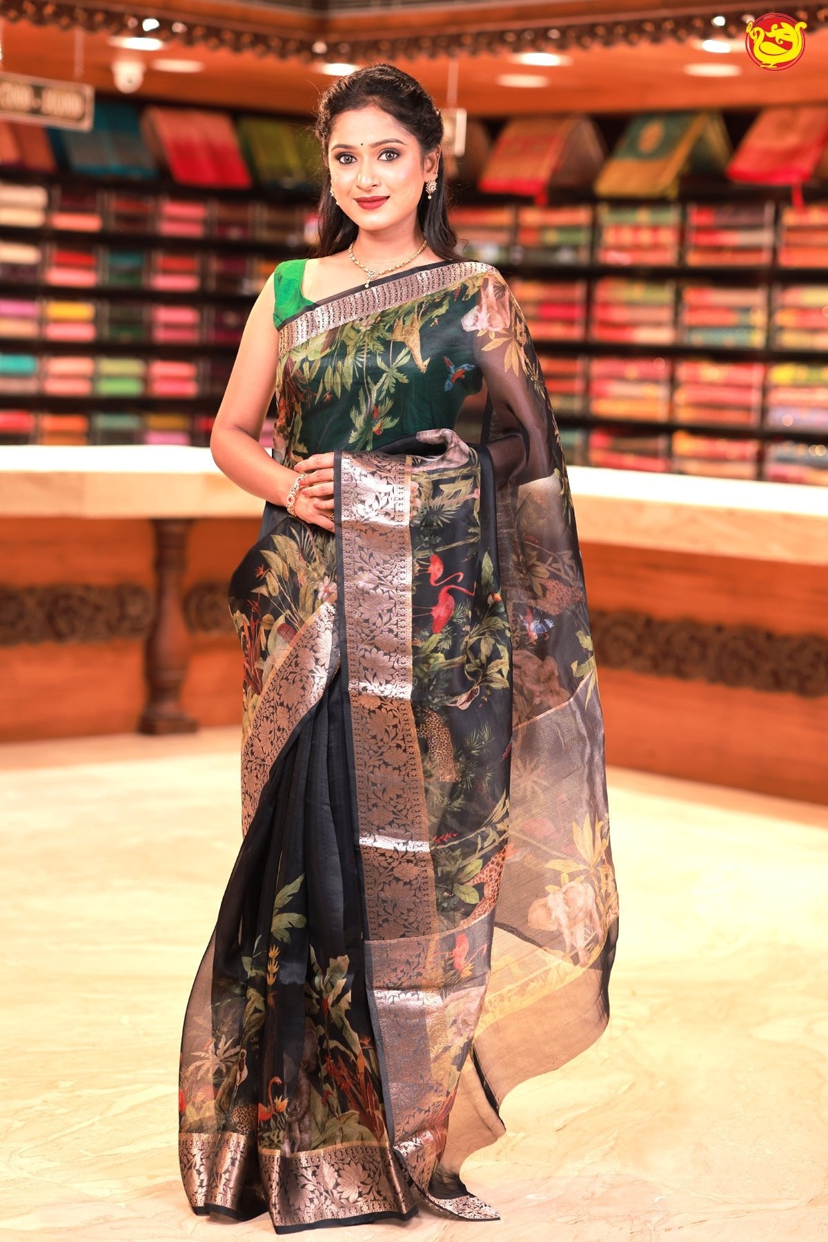 Black Pure Organza Silk With Gold Zari Border Digital Print Saree - Thenianantham