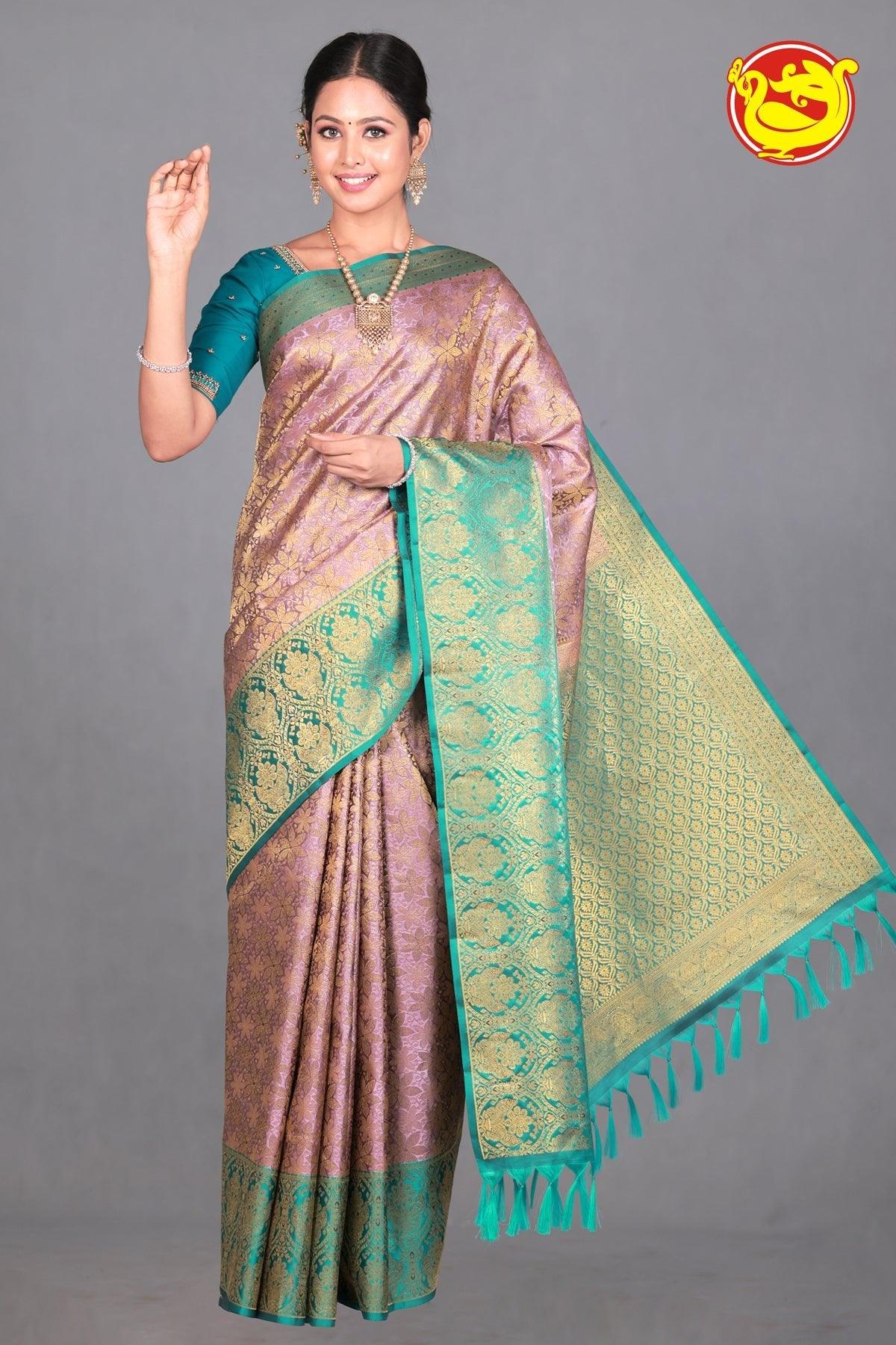 Light Lavender Wedding Silk Saree With Peacock Green Pallu