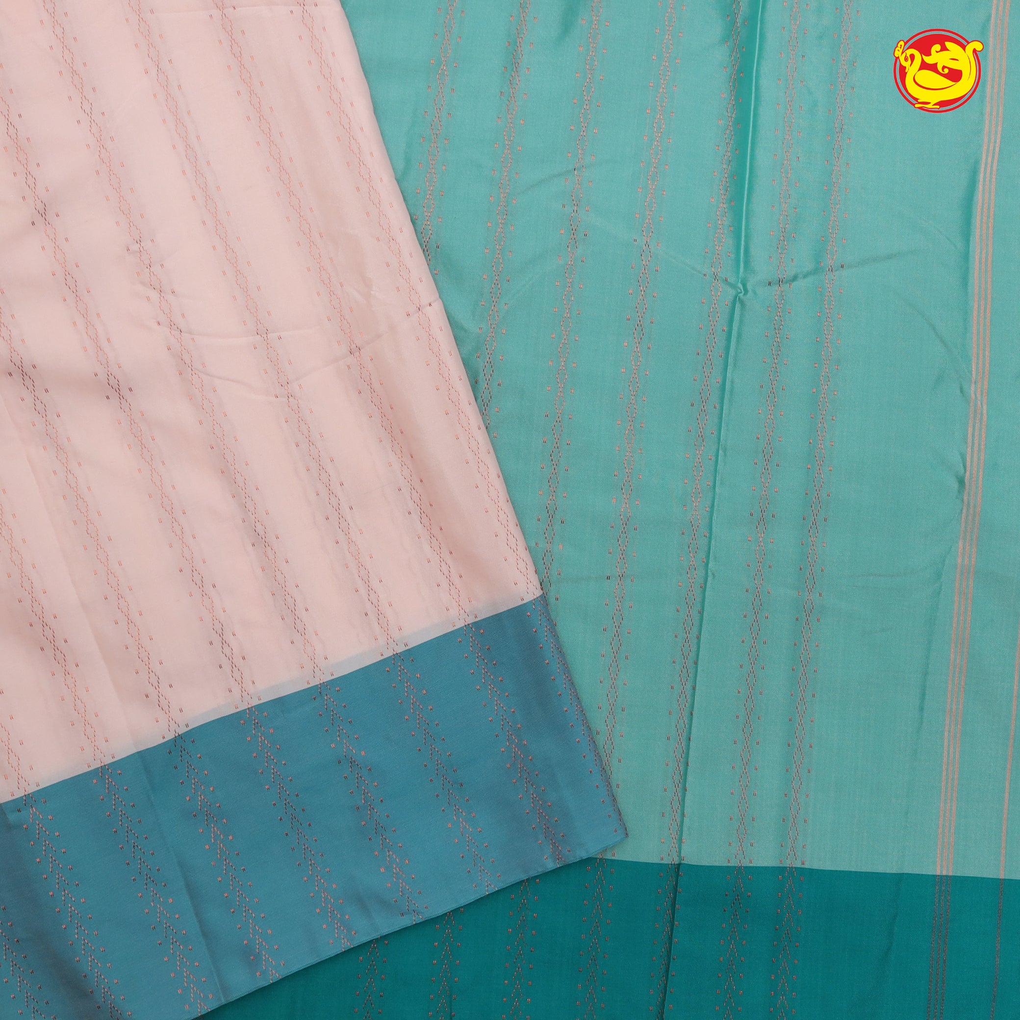 Light Peach with Teal Blue-Green Arani Fancy Silk Saree
