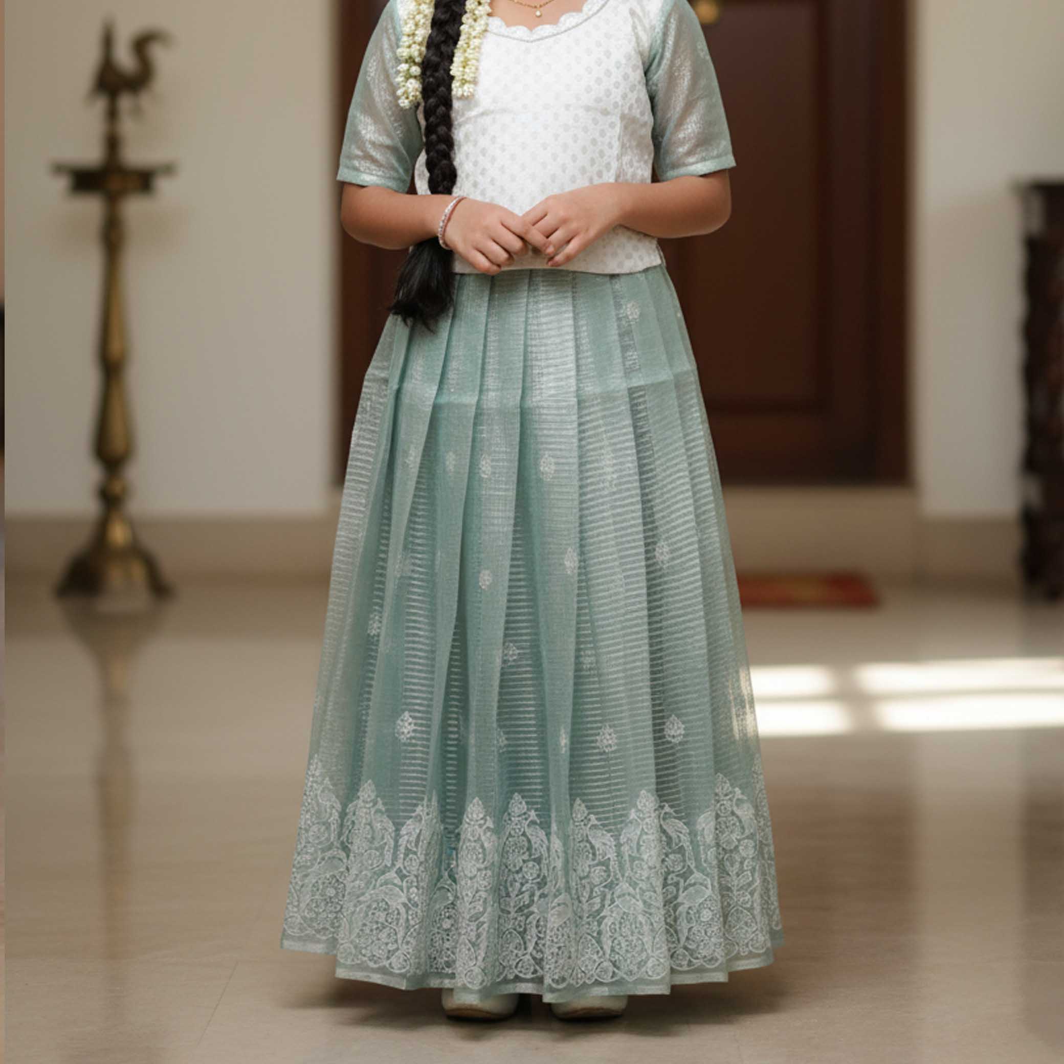 White With  Light Pink  Girls Branded Readymade Pattu Pavadai