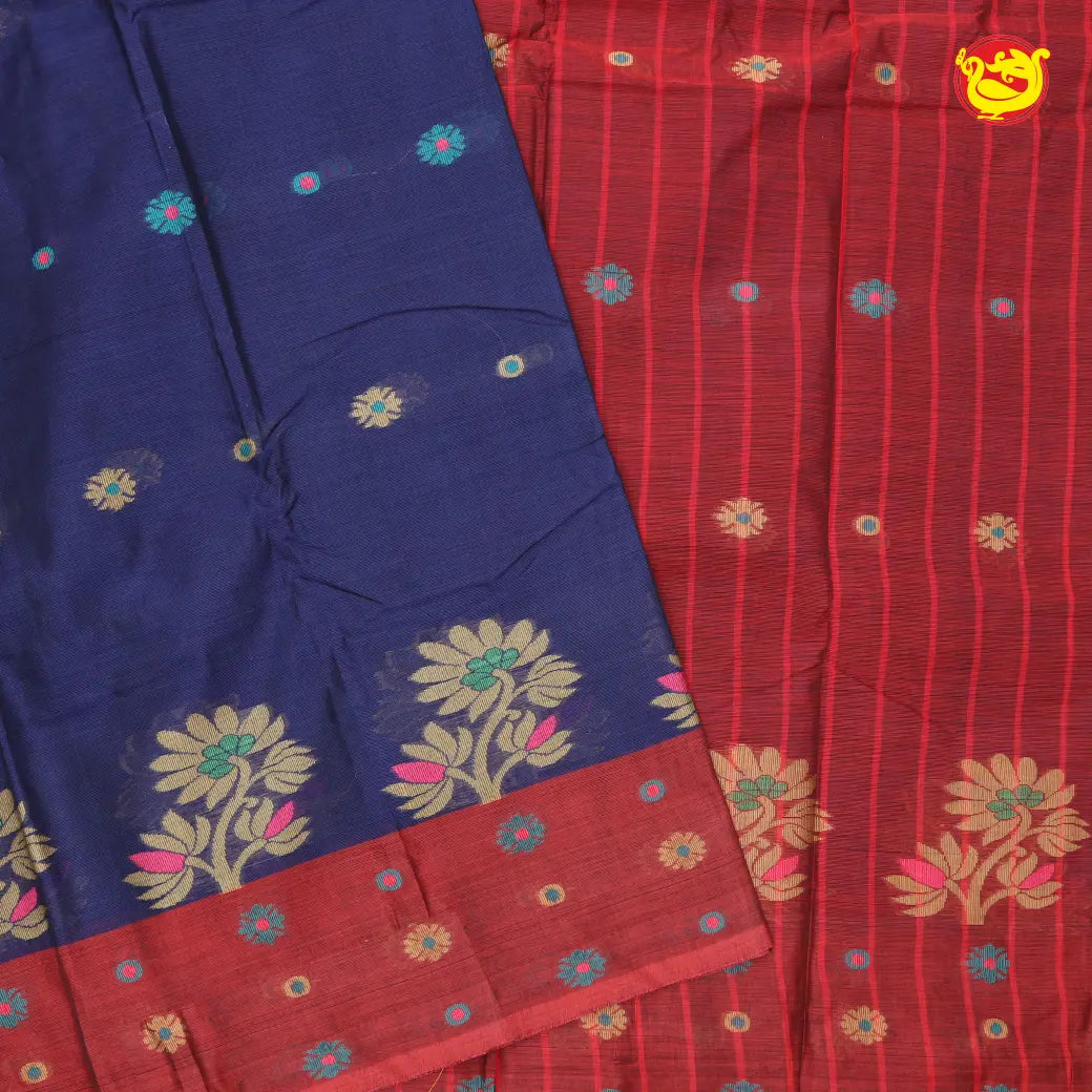 Dark Blue with Brownish-Red Pure Bengal Cotton Saree without Blouse