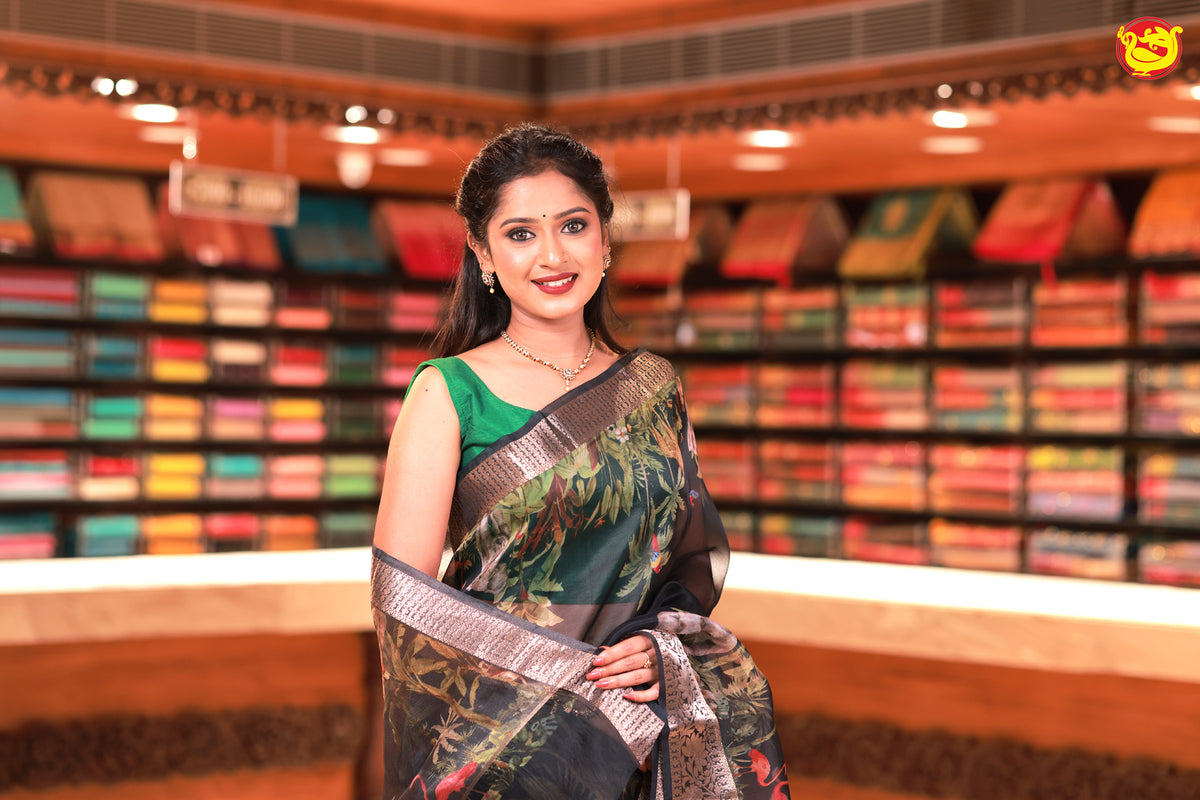 Black Pure Organza Silk With Gold Zari Border Digital Print Saree