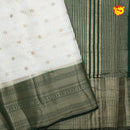 White with Dark Green blue Stripes Design Semi  Raw Silk Saree