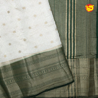 White with Dark Green blue Stripes Design Semi  Raw Silk Saree