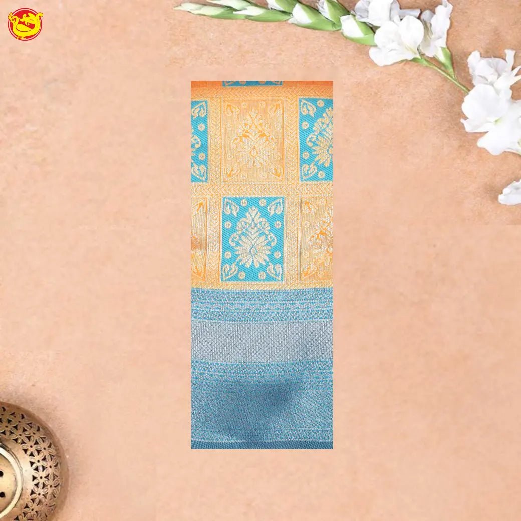 Light Mustard Yellow with Sky Blue Kubera Pattu Saree