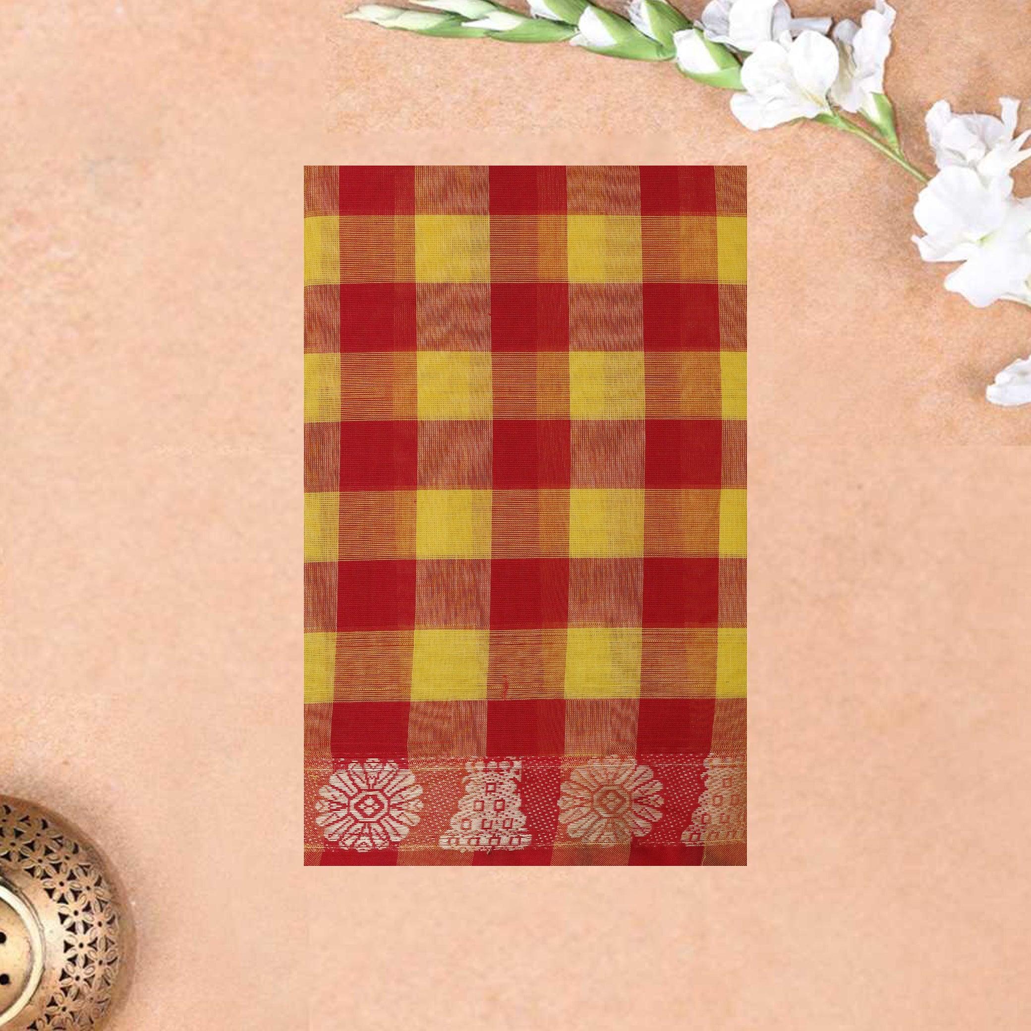 Yellow - Red Small Checked Pattern Pure Chettinad Cotton Saree without Blouse