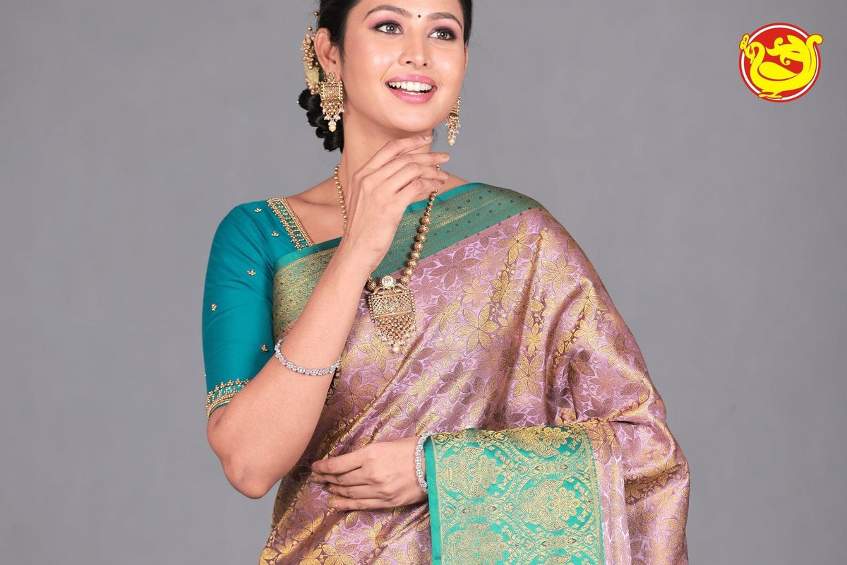 Light Lavender Wedding Silk Saree With Peacock Green Pallu