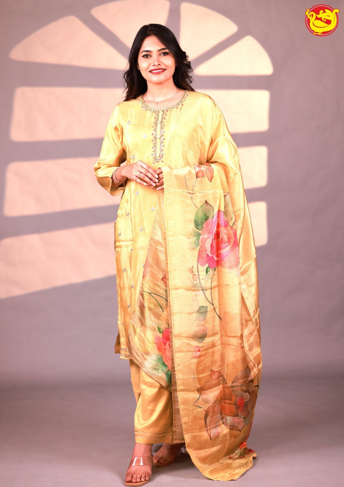 Yellow and Floral Design With Stones and Beads work Ladies Branded Readymade Tissue Chudi Set - Thenianantham