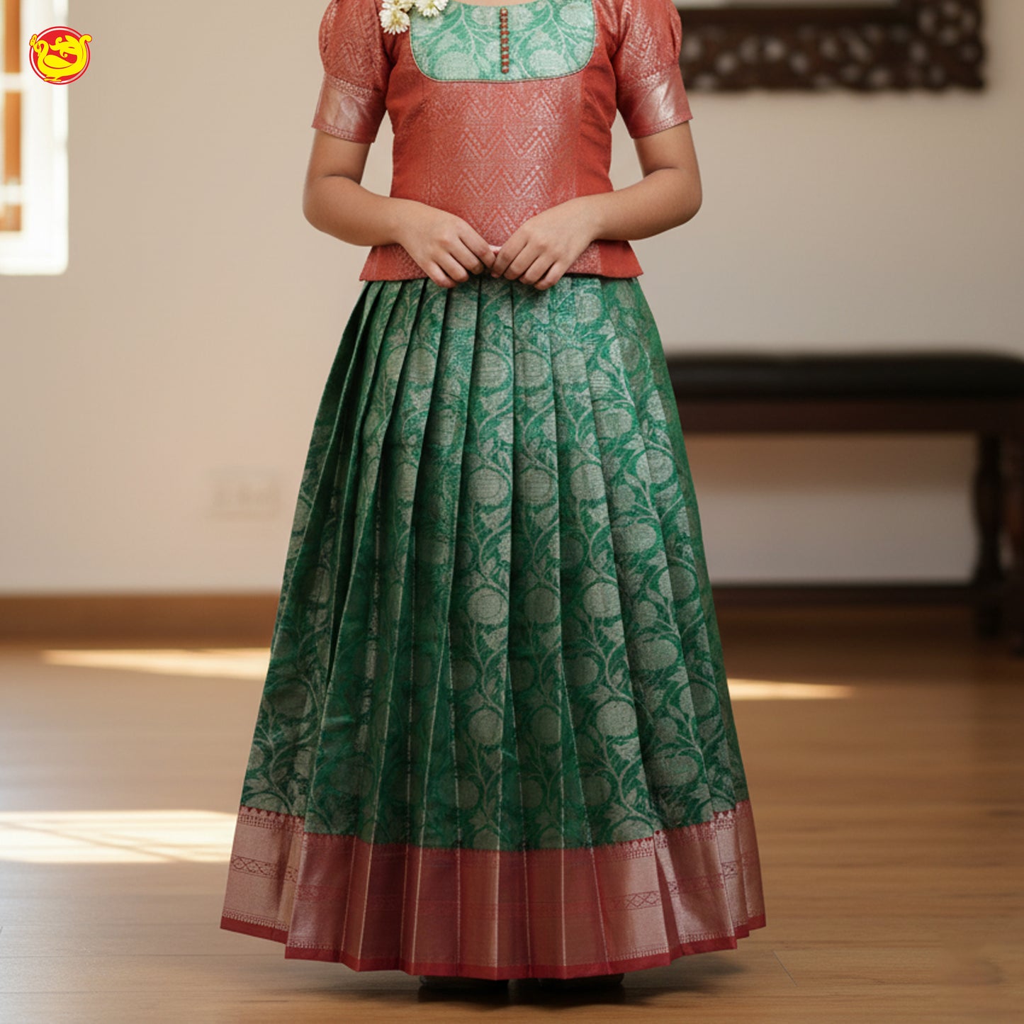 Red With Green Girls Branded Readymade Pattu Pavadai
