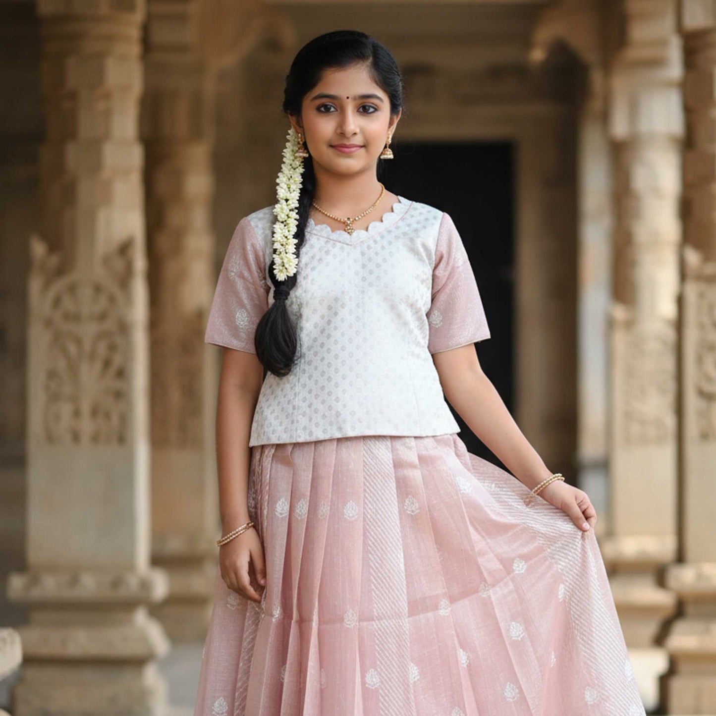 White With  Sage Green  Girls Branded Readymade Pattu Pavadai