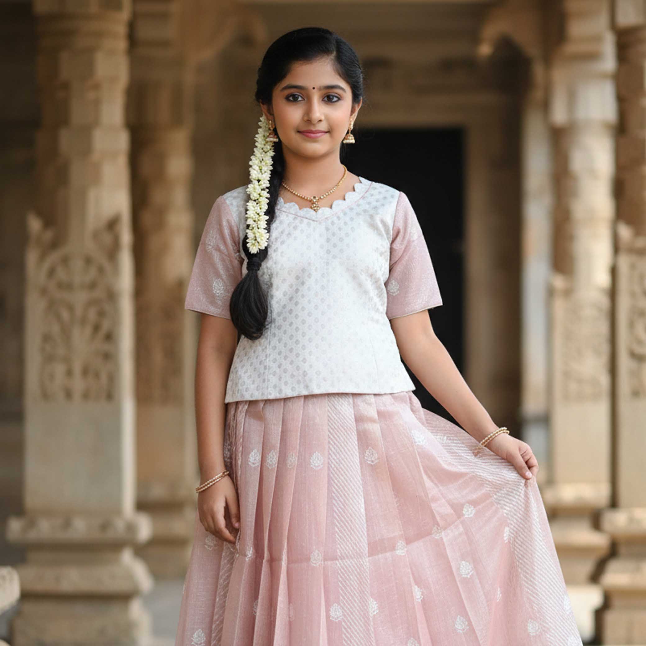 White With  Sage Green  Girls Branded Readymade Pattu Pavadai