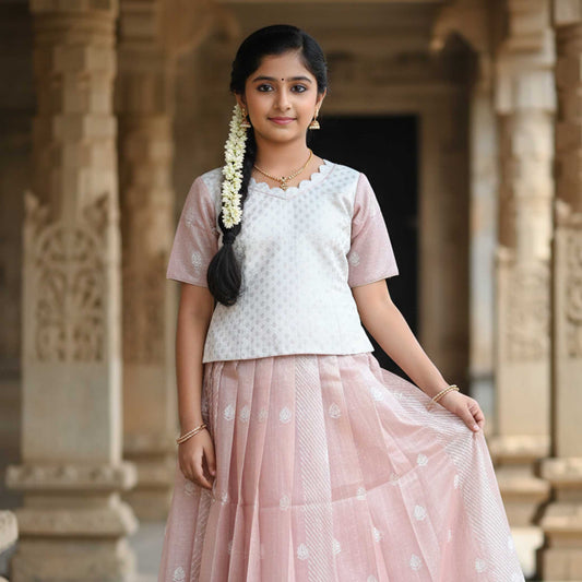 White With  Sage Green  Girls Branded Readymade Pattu Pavadai