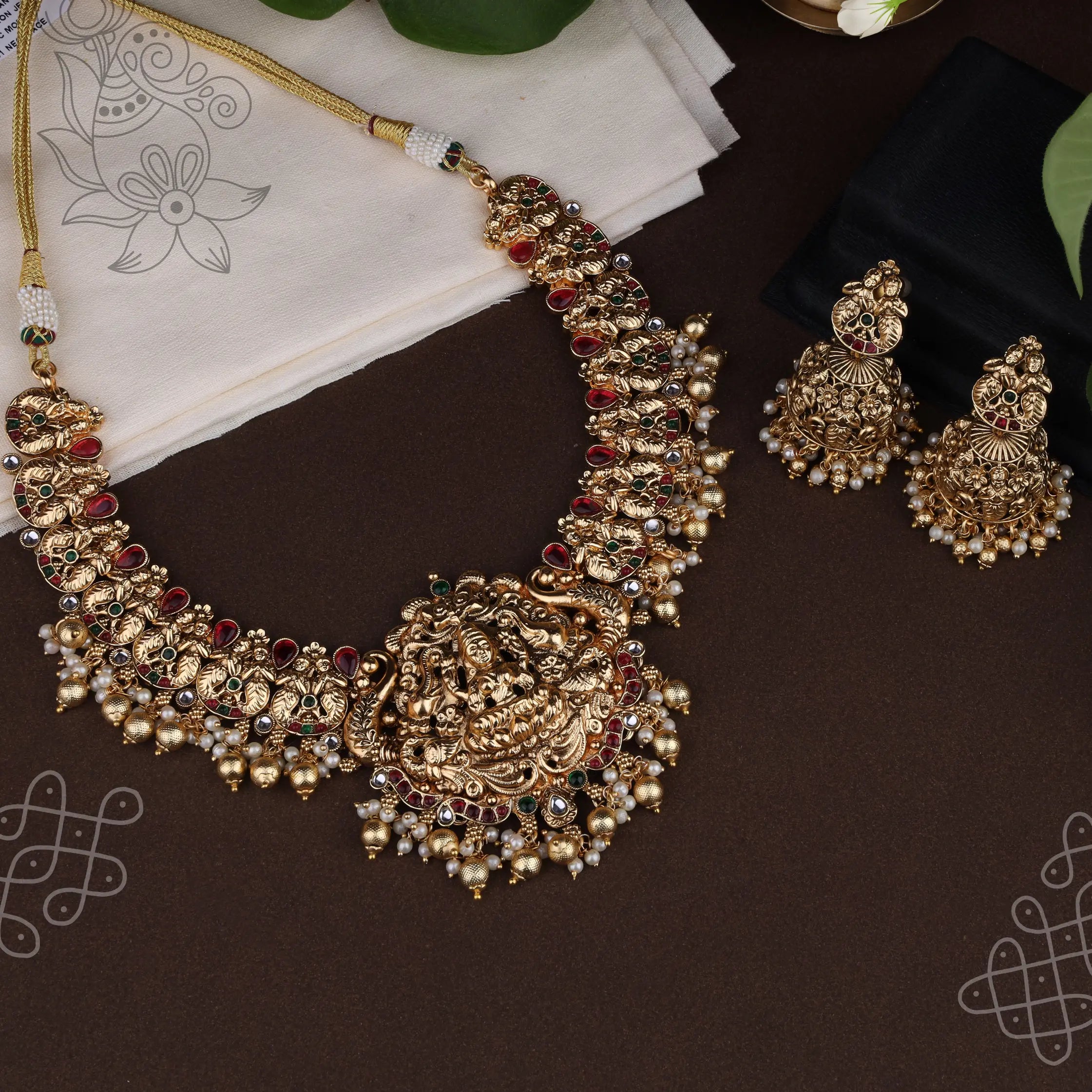 Antique Lakshmi temple necklace with jhumkas