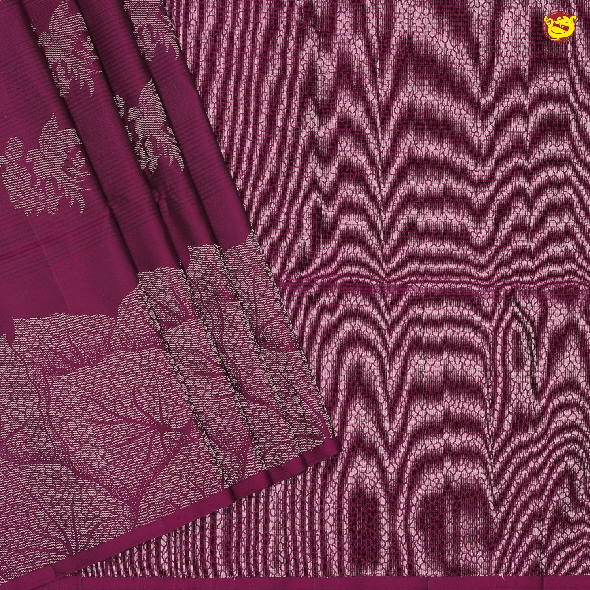 Wine With Parrot Zari Buttas Motifs Silver Zari Pure Kanjivaram Soft Silk Saree