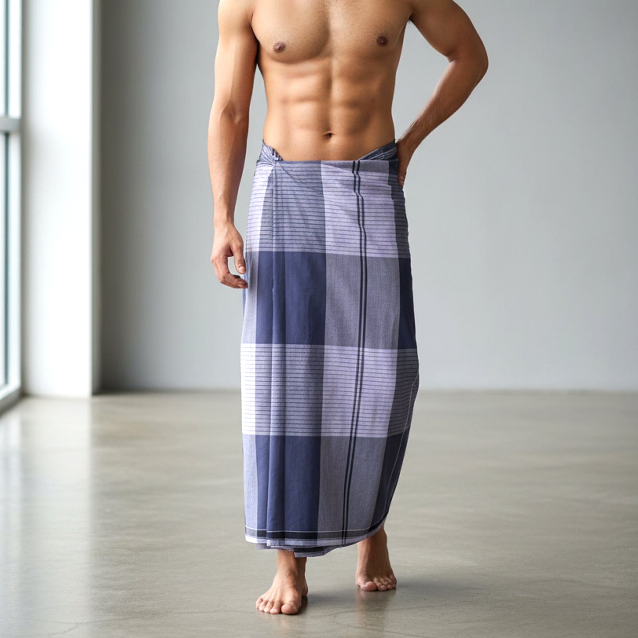 Men’s  Blue  with Brown Checked Cotton Stitched Lungi