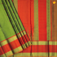 Light Green and Light Red With Floral Buttas Peacovk Border Kanchipuram Soft Silk Saree - Thenianantham