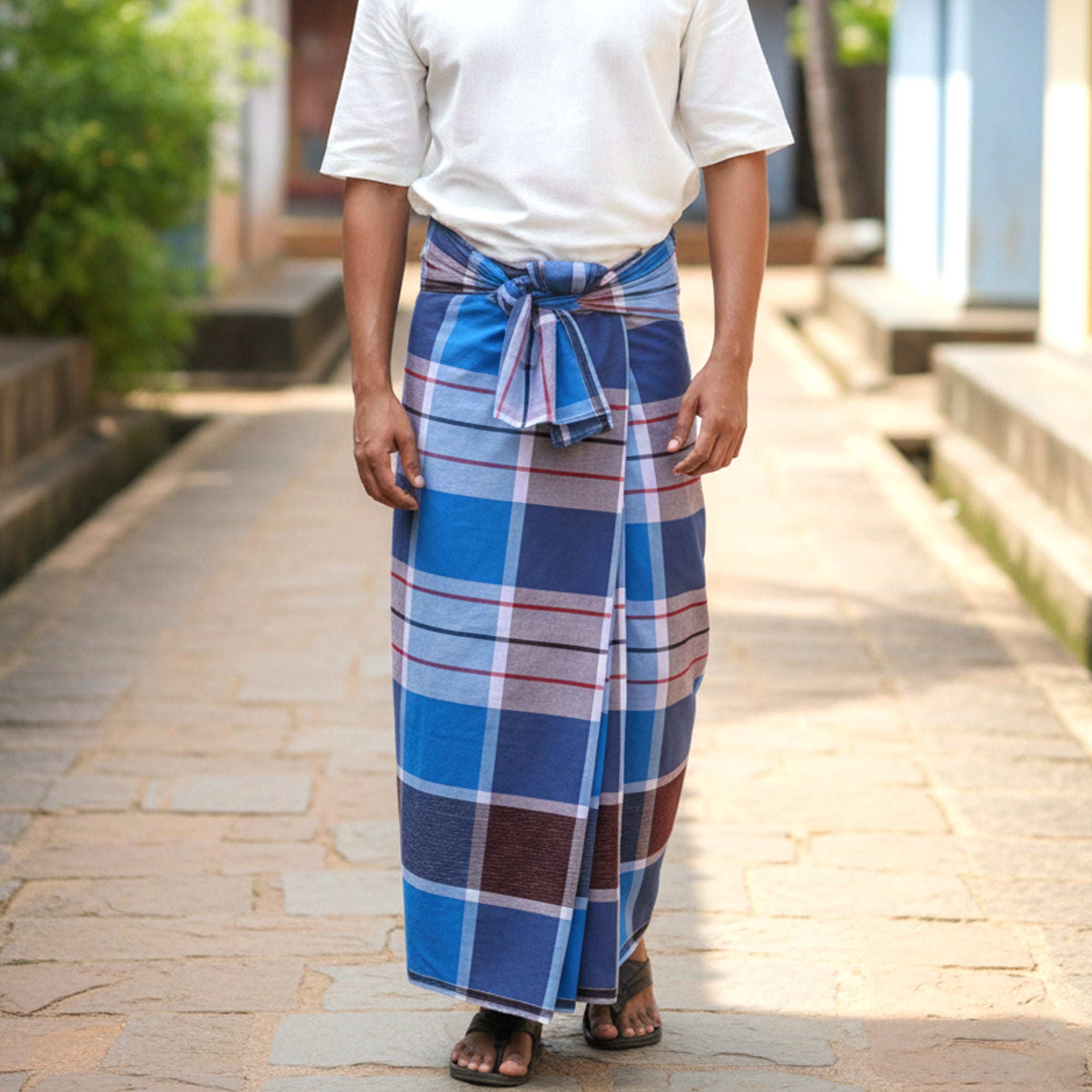 Men’s  Blue  Colour Checked Cotton Stitched Lungi