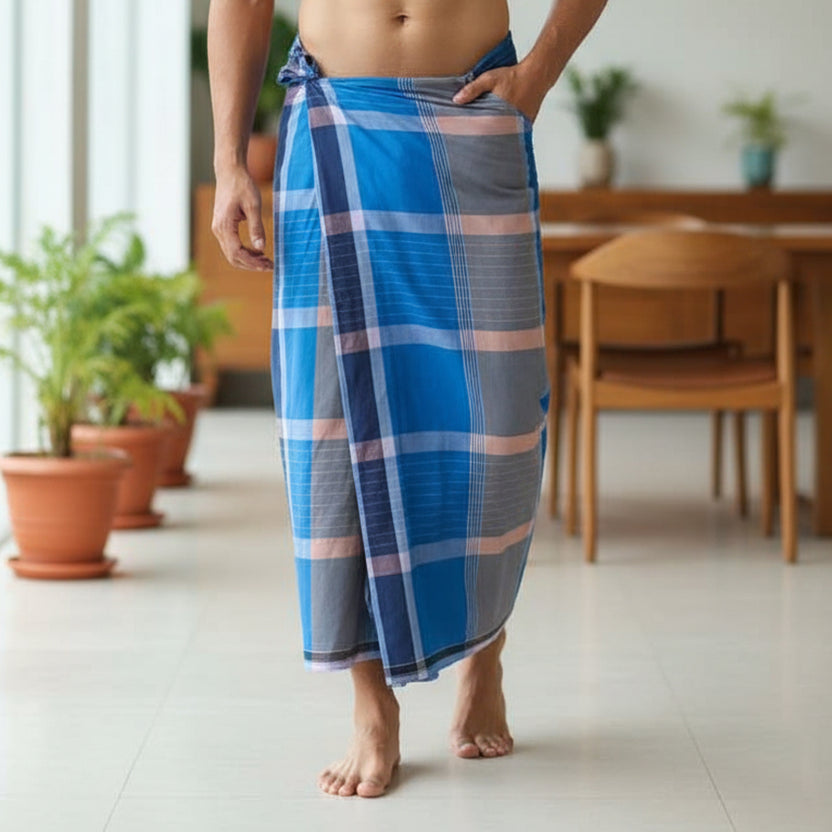 Men’s  Blue  with White Checked Cotton Stitched Lungi