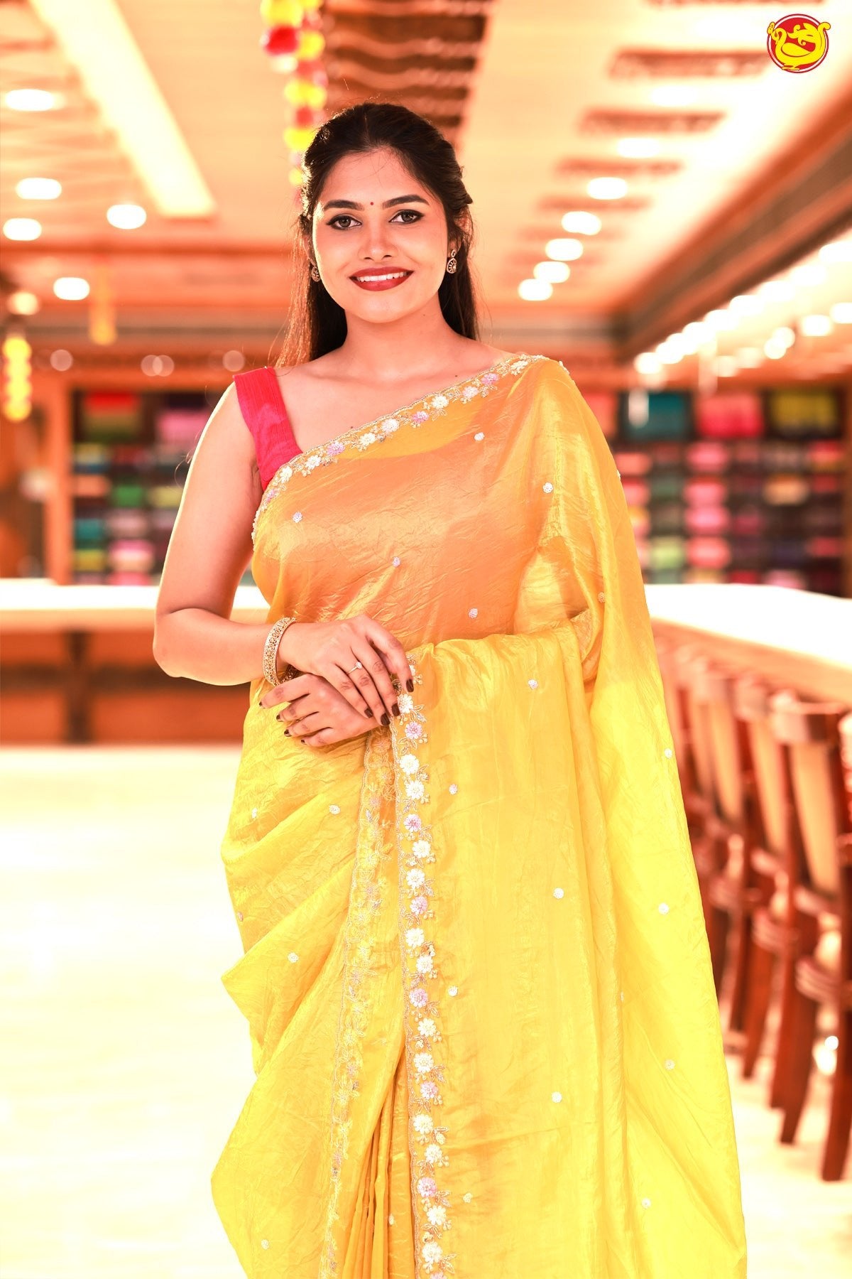 Mustard Yellow Shimmer Saree In Sequins With Beads And Stones On The Pallu Border - Thenianantham