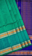 Peacock Green and Blue With Jacquard Checks Kanchipuram Silk Saree - Thenianantham