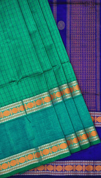 Peacock Green and Blue With Jacquard Checks Kanchipuram Silk Saree - Thenianantham