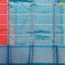 Tomato Red Checked in Buttas Silver Zari Horizontal Line Border Soft Silk Saree - Thenianantham