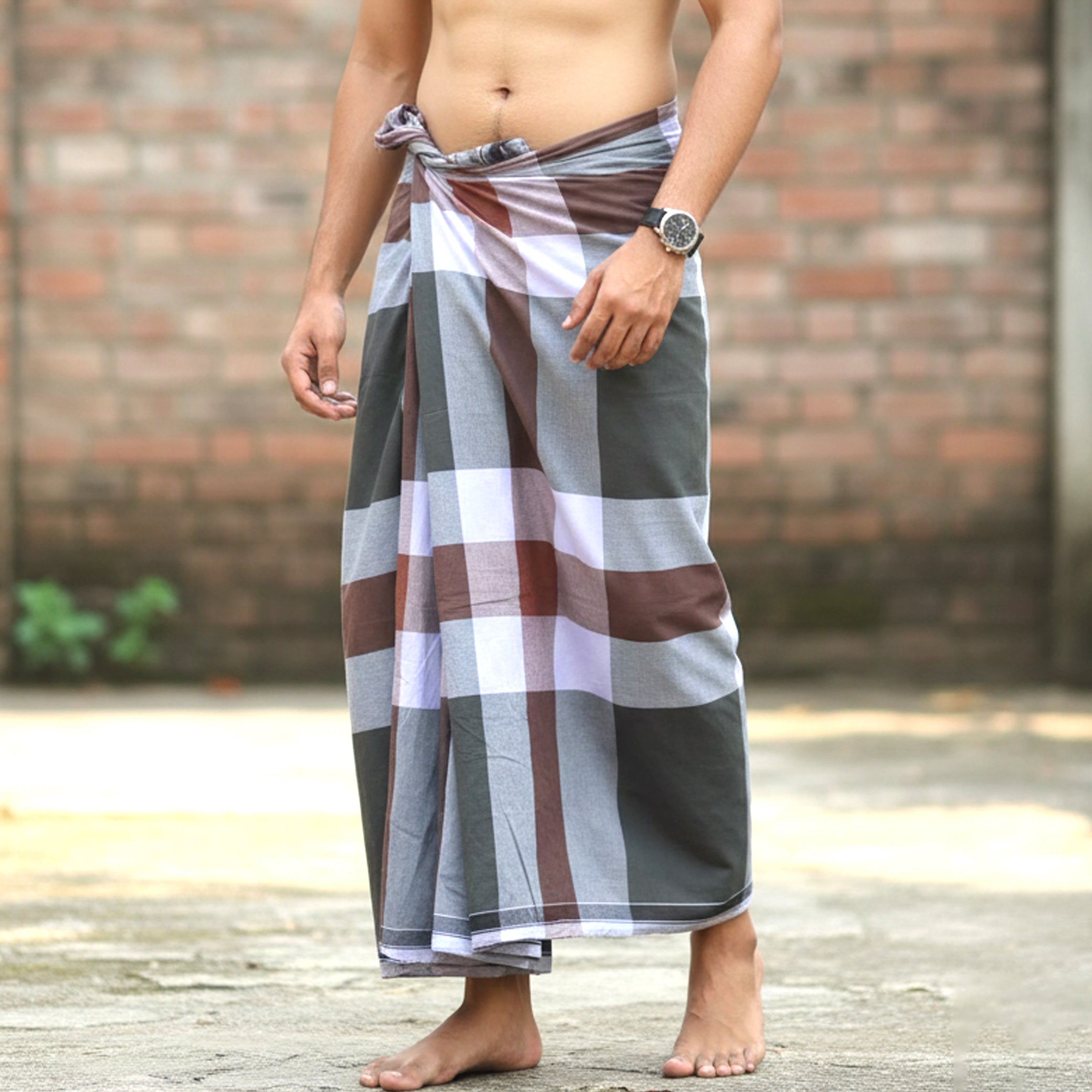 Men’s  White with Grey Checked Cotton Stitched Lungi