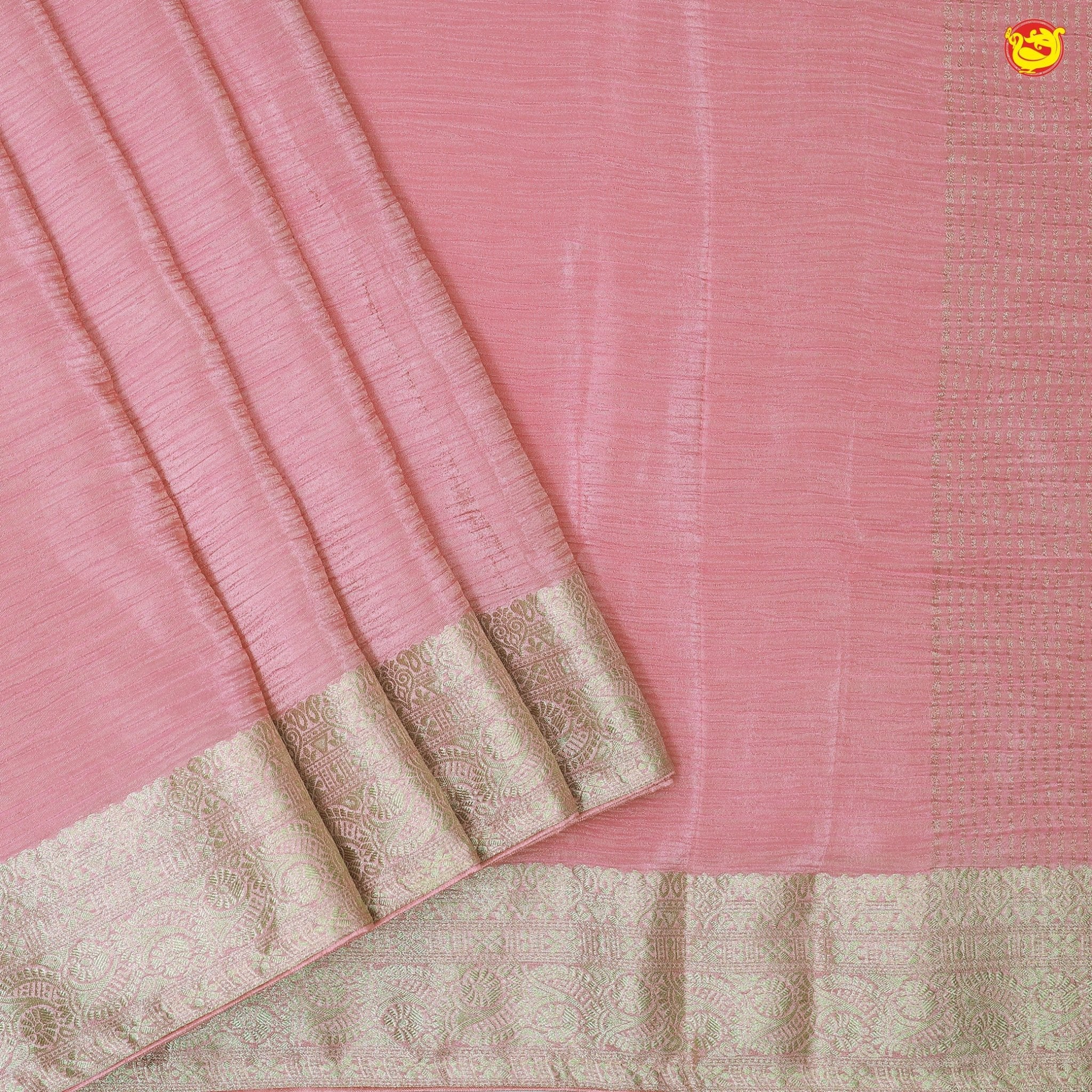 Dark Pastel Pink Stripes Design Tissue Crush Designer Saree with Readymade Designer HandWork Blouse - Thenianantham