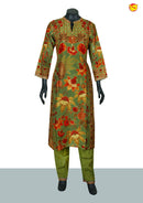 Dark Olive Green With Red Floral Digital Print and Handwork Design and Collar Neck Ladies Branded Readymade Straight Cut Chudi Set - Thenianantham