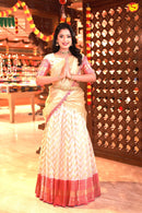 Half White With Pink Semi Silk Half Saree With Gold Pink Lace Dupatta - Thenianantham