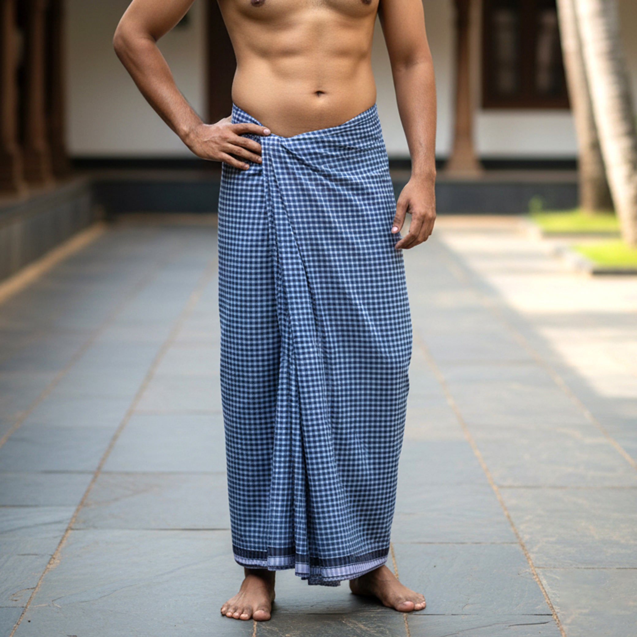 Men’s  Block  with White Checked Cotton Stitched Lungi