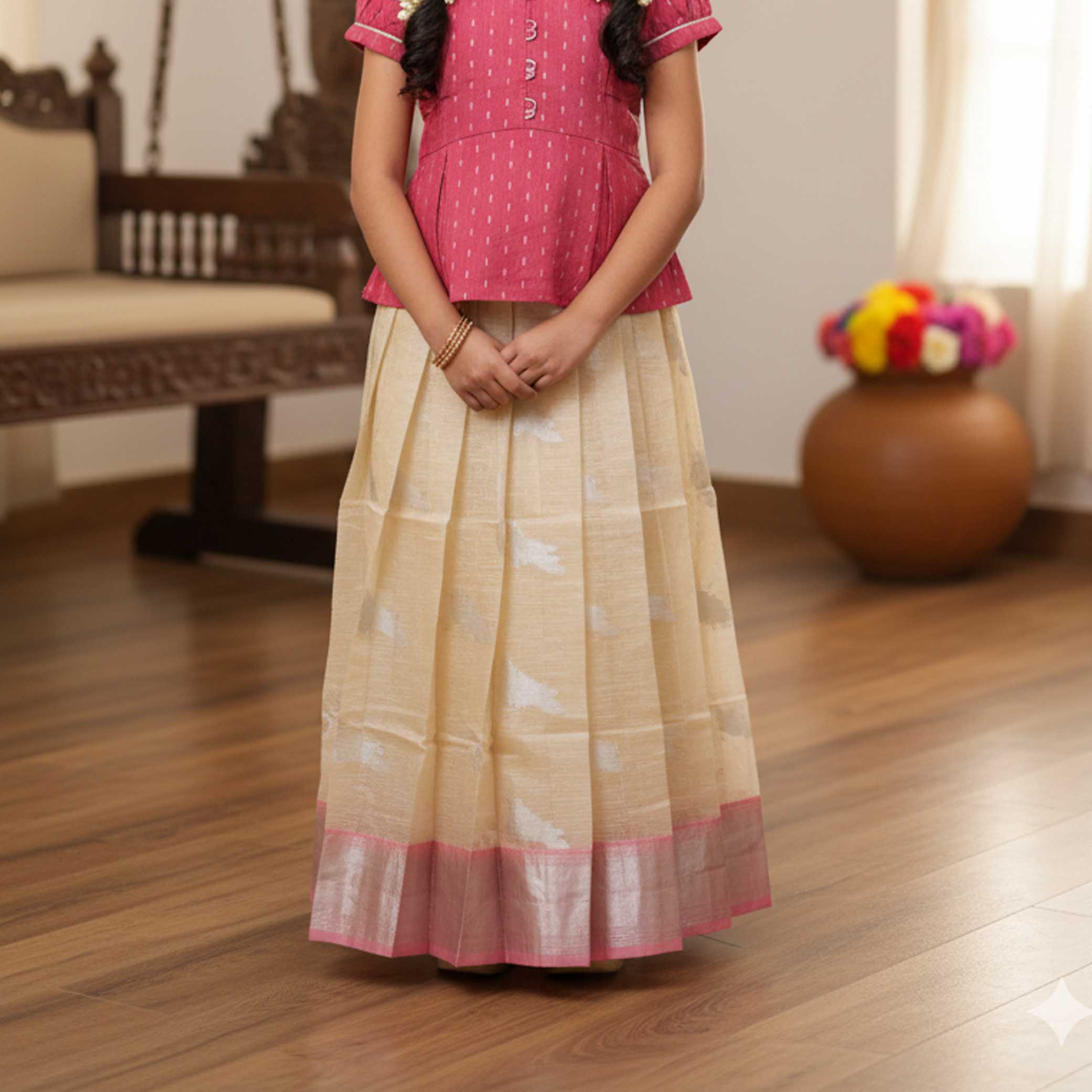 Pink With Sandal Girls Branded Readymade Pattu Pavadai