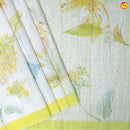 Light Yellow With Half White Floral Digital Print Linen Cotton Saree - Thenianantham