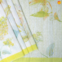 Light Yellow With Half White Floral Digital Print Linen Cotton Saree - Thenianantham