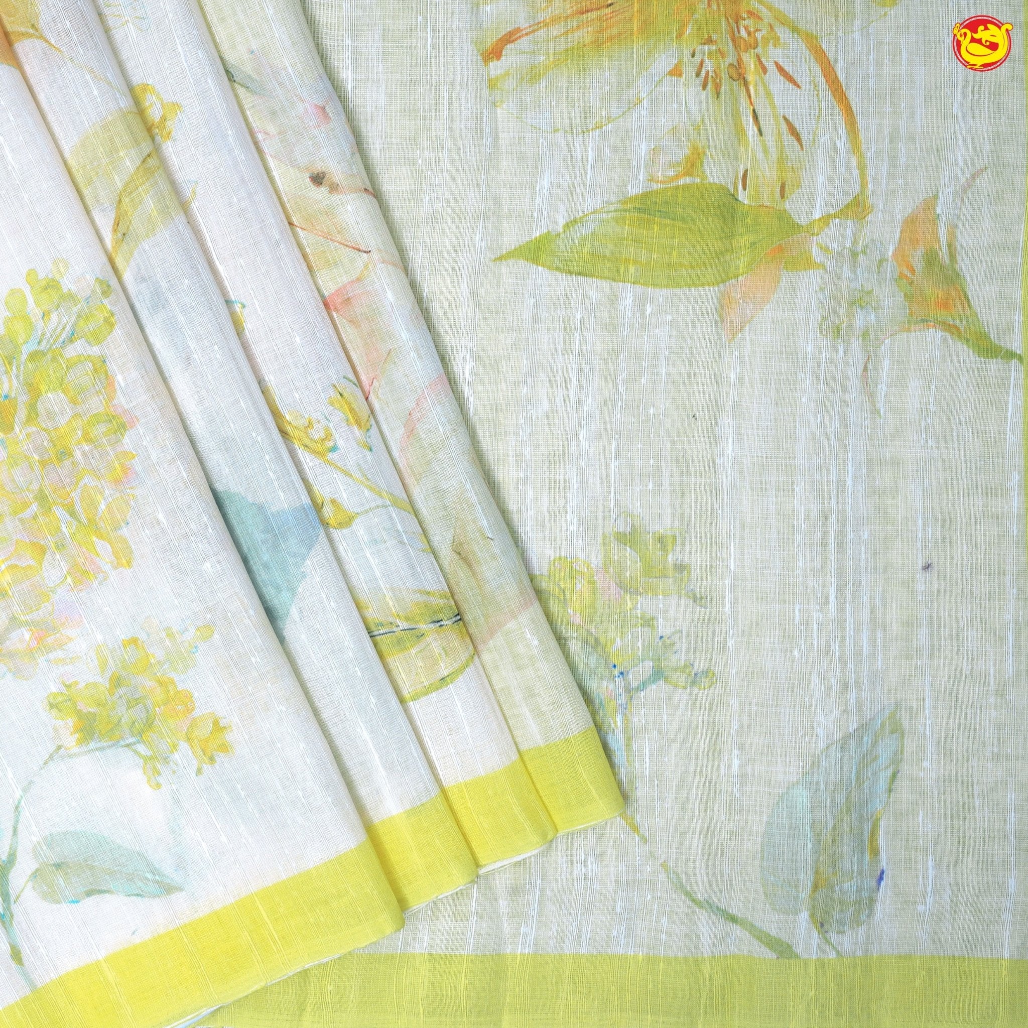 Light Yellow With Half White Floral Digital Print Linen Cotton Saree