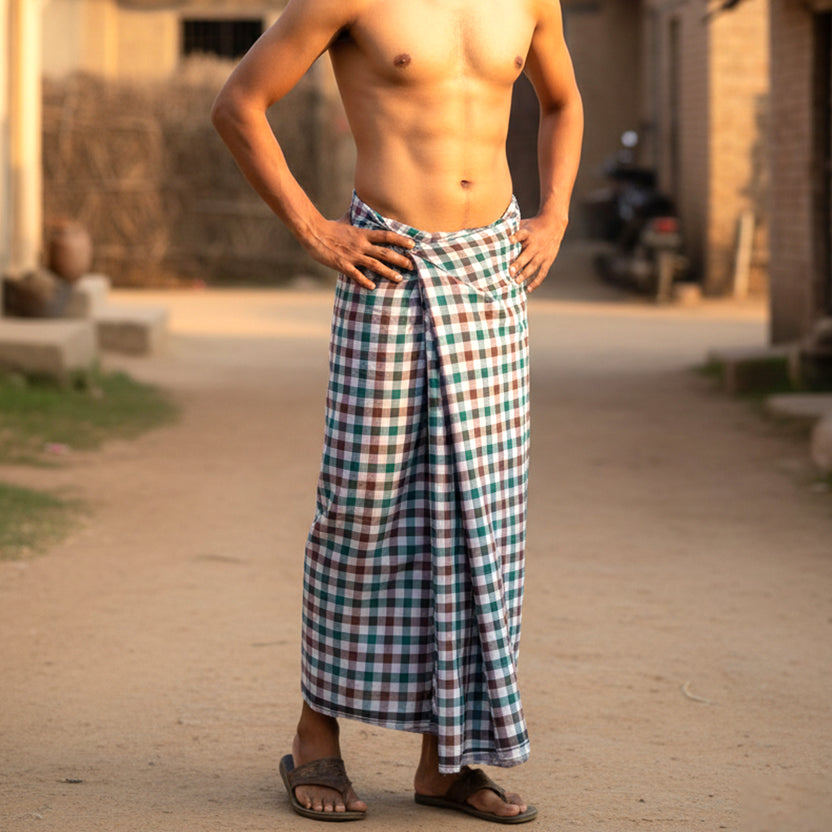 Men’s  Brown , Blue  with Grey Checked Cotton Stitched Lungi