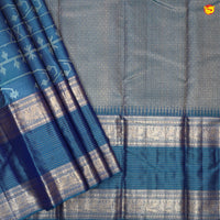 Peacock Blue With Stripes Motifs Gold Zari Peacock and Stripes Long Border Pure Kanjivaram Wedding Silk Saree - Thenianantham