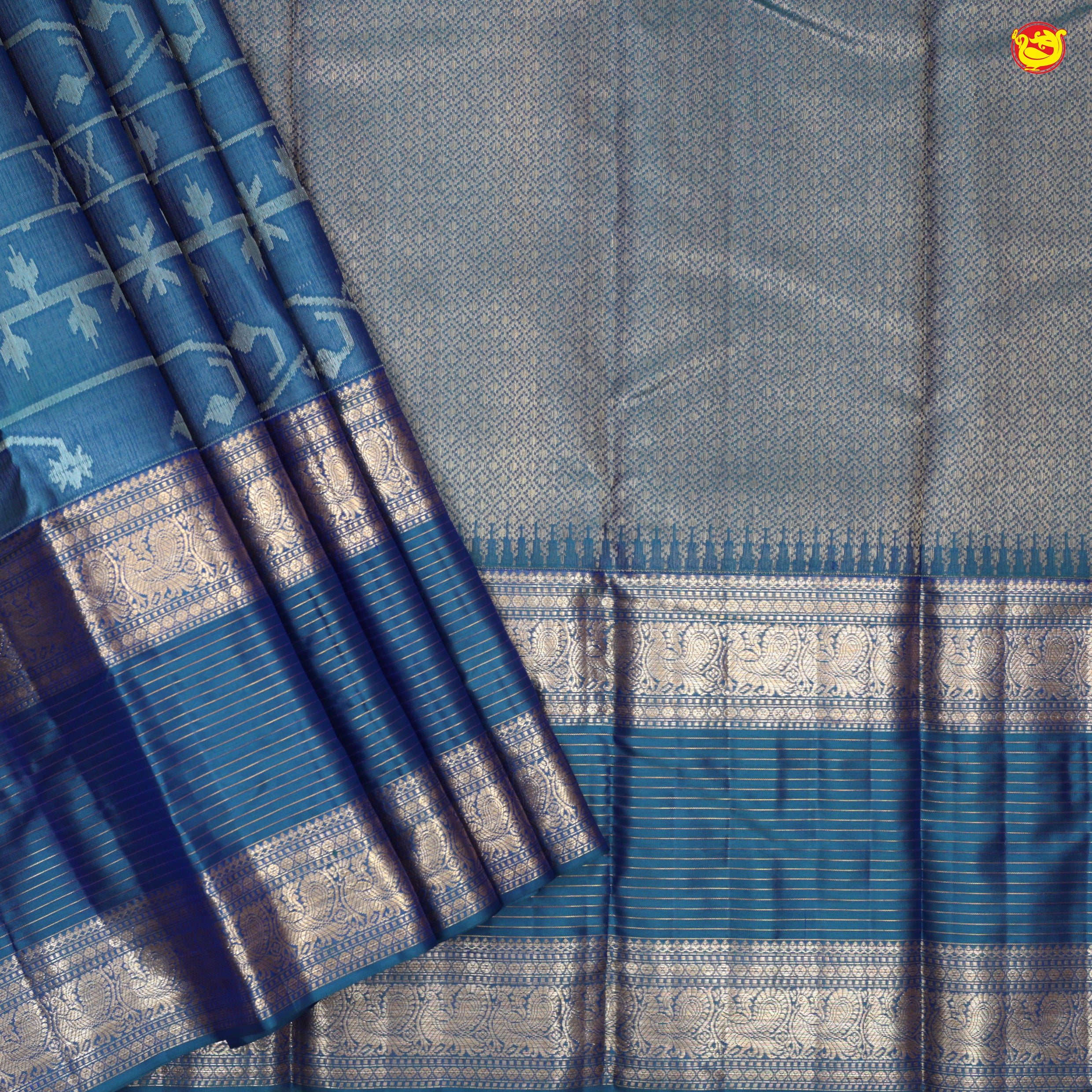 Peacock Blue With Stripes Motifs Gold Zari Peacock and Stripes Long Border Pure Kanjivaram Wedding Silk Saree