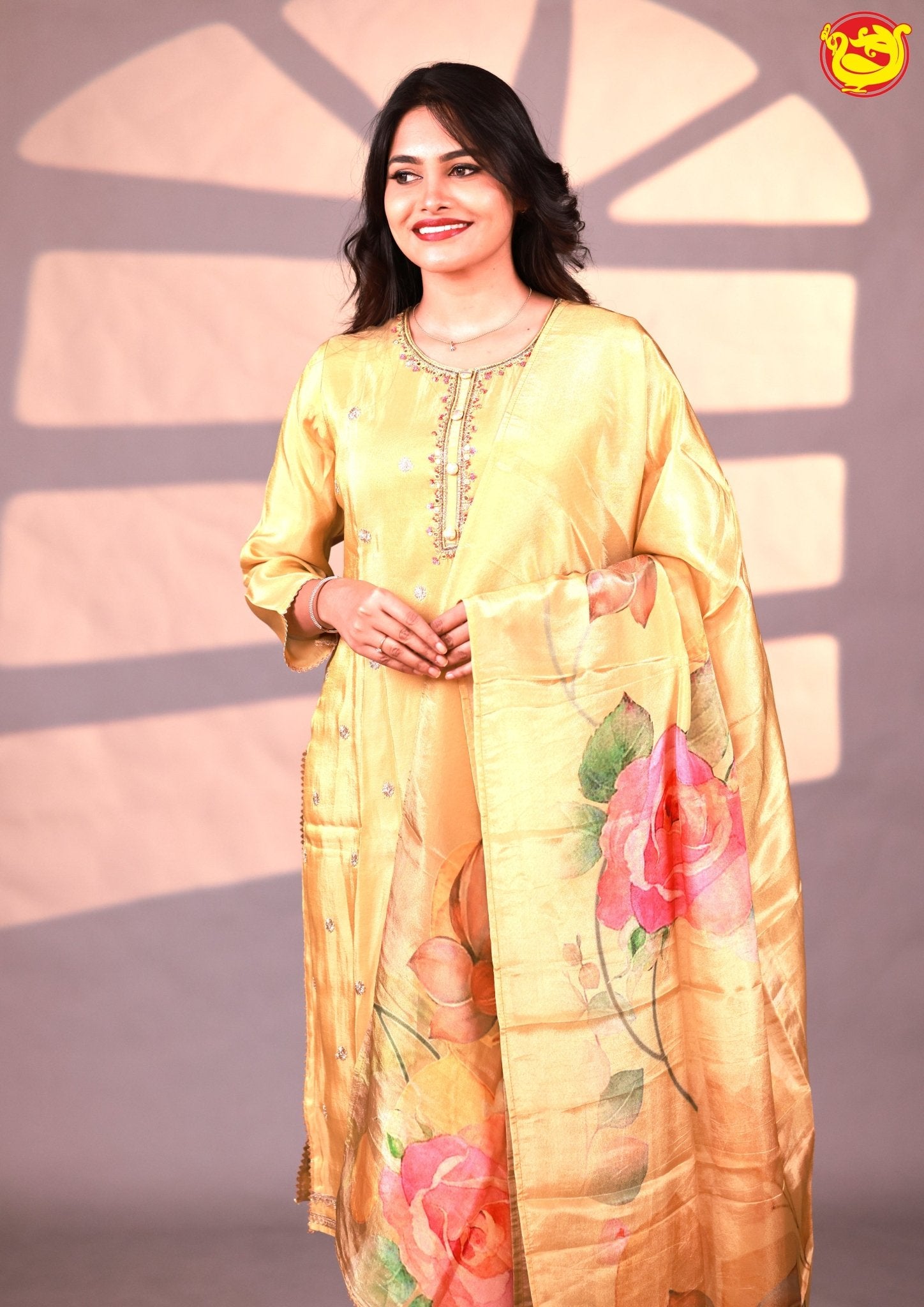 Yellow and Floral Design With Stones and Beads work Ladies Branded Readymade Tissue Chudi Set