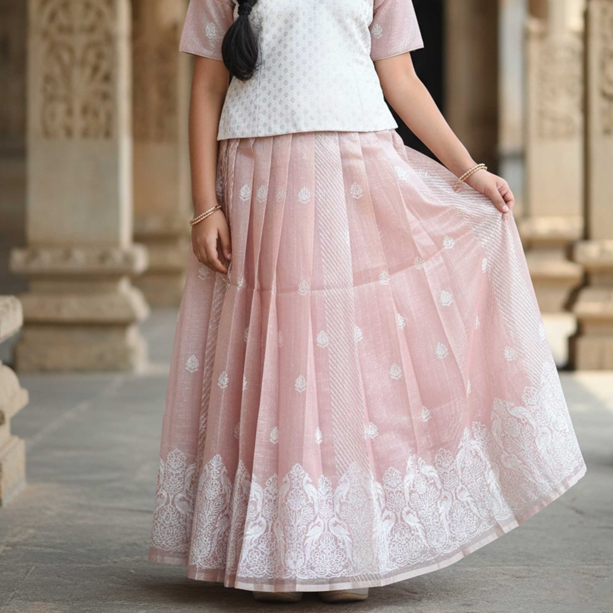 White With  Sage Green  Girls Branded Readymade Pattu Pavadai