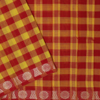 Yellow - Red Small Checked Pattern Pure Chettinad Cotton Saree without Blouse