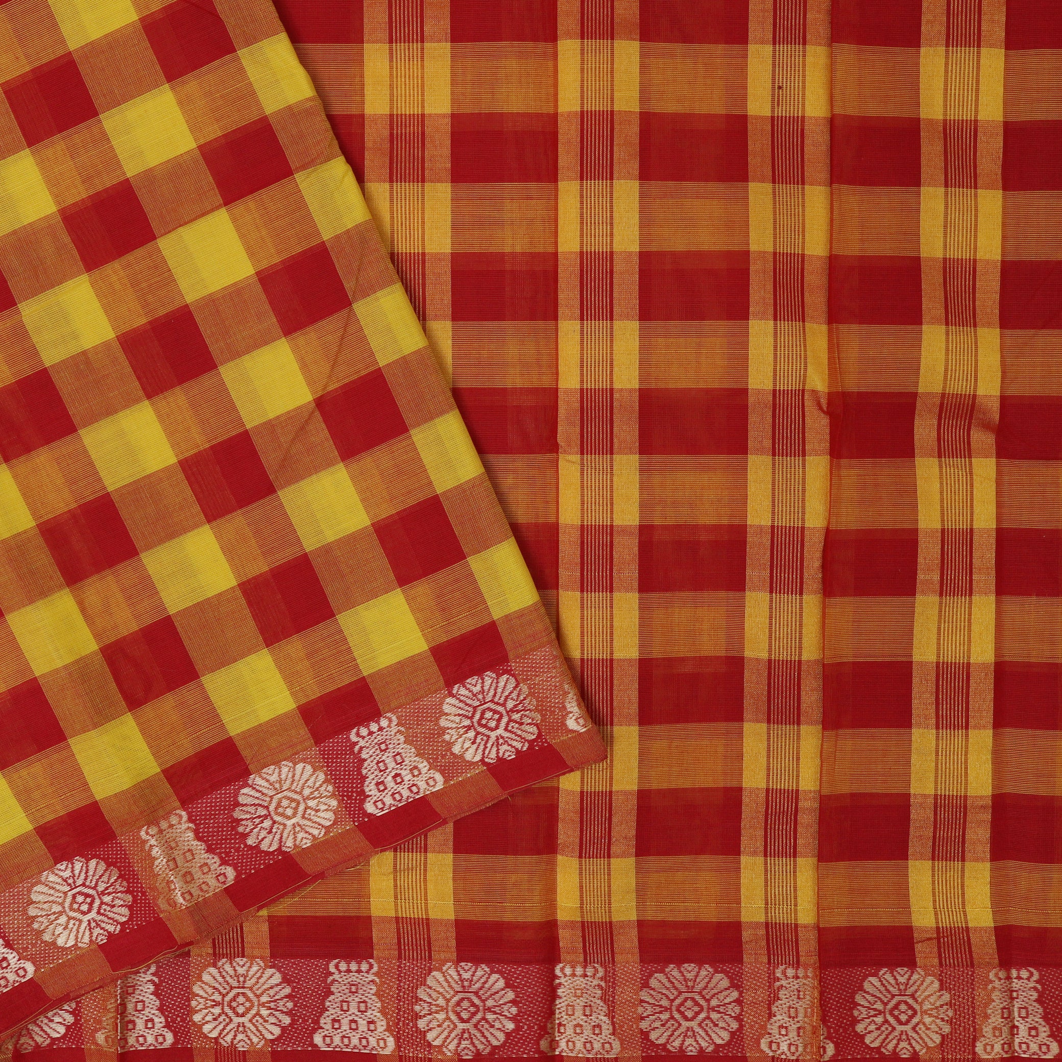 Yellow - Red Small Checked Pattern Pure Chettinad Cotton Saree without Blouse