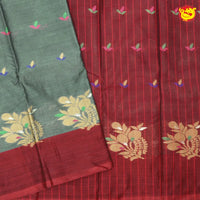 Light Green With Brownish-Red Pure Bengal Cotton Saree without Blouse