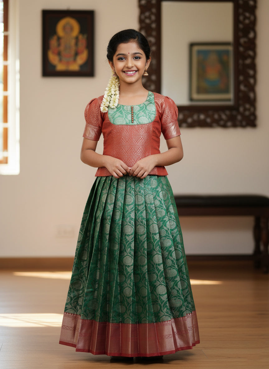 Red With Green Girls Branded Readymade Pattu Pavadai